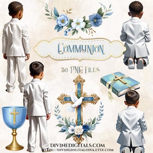 Prima Comunione Bibbia Croce Candela Cesto Regalo Biscotti Ali Colomba Blu Salvia Oro Bambino Pelle Media e Scura PNG Clipart Scarica CU