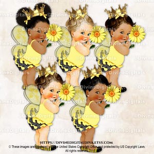 Queen Bee Princess Ruffle Broek Geel Zwart Bee Wings Gold Crown Daisy Flower | Babymeisje: 3 huidskleuren | Clipart direct downloaden