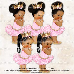 Princess Ballerina Pink Gold Shoes Diamond Gem Belt Crown | Baby Girl African American Ethnic Babies of Color | Clipart Instant Download
