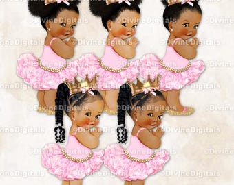 Princess Ballerina Pink Gold Shoes Diamond Gem Belt Crown | Baby Girl African American Ethnic Babies of Color | Clipart Instant Download