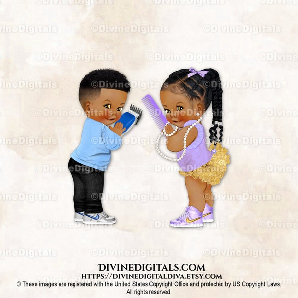 Stylist Barber Blue Jeans Clippers Lavender Gold Comb Sneakers | Baby Boy Girl Dark Tone | Gender Reveal Twins | Clipart Instant Download