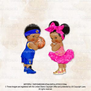 Basketbal koningsblauwe ballerina felroze gouden striksneakers | Donkere soezen jongens/meisjes | Gender Reveal-tweeling | Clipart direct downloaden