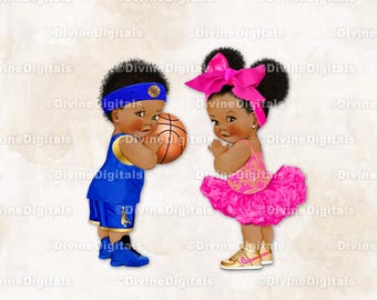 Basketball Royal Blue Ballerina Hot Pink Big Bow Gold Sneakers | Boy Girl Dark Tone Puffs | Gender Reveal Twins | Clipart Instant Download