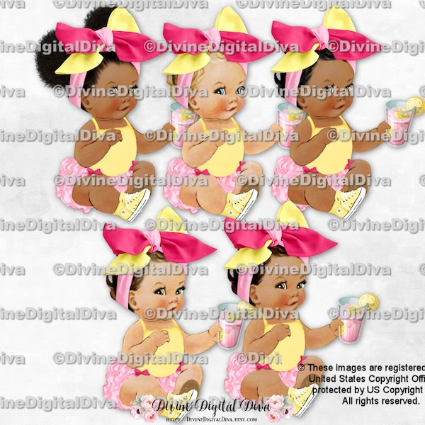 Pink Lemonade Yellow Pink Hot Pink Head Bow Sneaker Glass of Lemonade | Sitting Baby Girl 3 Skin Tones | Clipart Instant Download