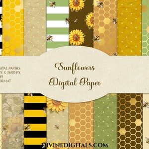 Sunflowers Digital Papers Bee Honeycomb Pattern Background Yellow Brown Gold Ivory Sage | Scrapbook Journal Instant Download