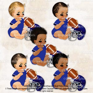 Little Prince Football Player Helmet Ball koningsblauwe jersey luier | Zittend jongetje 3 huidskleuren | Clipart direct downloaden