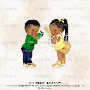 Baskets vertes et jaunes Stylist Barber Jeans Clippers Comb | Ton foncé bébé garçon fille | Sexe révélateur des jumeaux | Clipart à téléchargement immédiat