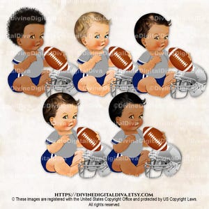 Little Prince Football Player Navy Blue Diaper Gray Jersey Ball Helmet| Sitting Baby Boy 3 Skin Tones | Clipart Instant Download