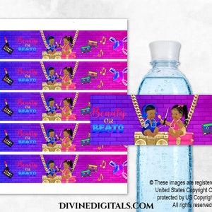 Schönheit oder Beats Hip Hop Flaschenetiketten Royal Blau Hot Pink Gold | Baby Junge Mädchen dunkle Ton Zöpfe | Digitaler Sofort Download