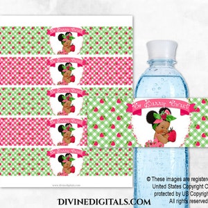 Water Bottle Labels Strawberry Pink Green Gingham | Baby Girl Dark Tone Puffs | African American | Printable Digital Instant Download