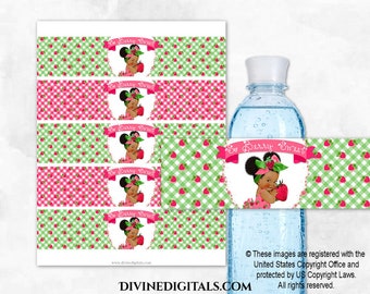 Water Bottle Labels Strawberry Pink Green Gingham Baby Girl Dark Tone Puffs Printable Digital