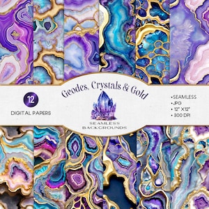 Crystals Geodes & Gold Veining Lavender Teal Seamless Digital Printable Paper