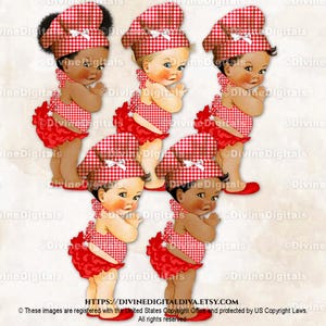 Little Chef Rot Weiß Gingham Karo Schürze Baby Q BBQ Grillparty Baby Mädchen 3 Hauttöne | Clipart Sofort Download
