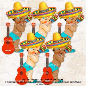 Mexican Fiesta Sombrero Guitar Maracas Yellow Red Turquoise Green Orange | Baby Boy 3 Skin Tones | Clipart Instant Download