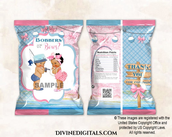 Bobbers or Bows Fishing Theme Printable Chip Bags Blue Pink Baby Boy Girl  Medium Skin Tone Digital Instant Download 