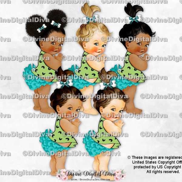 Pebbles Turquoise Ruffle Pants Green Boomerang Shirt Bone Bow | Baby Girl 3 Skin Tones | Clipart Instant Download