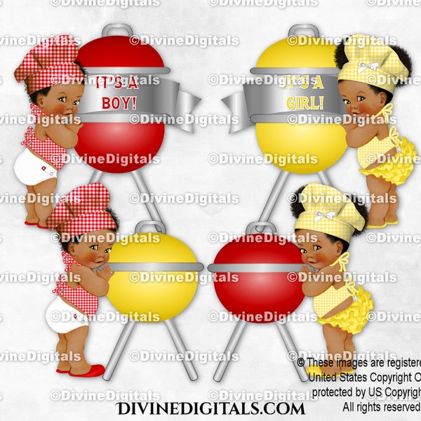 Little Chefs Red Yellow Gingham Check Hat Apron BBQ BabyQ Gender Reveal Grill | Baby Boy Girl Dark Tone | Clipart Instant Download