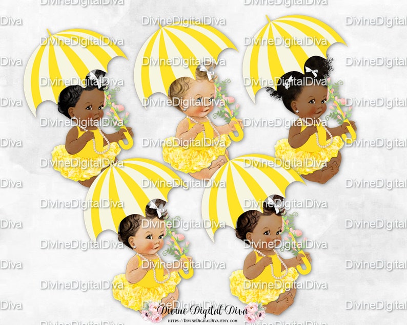 Sitting Ballerina Yellow Tutu Flowered Umbrella Pearl Necklace Clipart Instant Download Baby Girl 3 Skin Tones Puffs