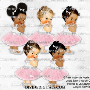 Vestido de fiesta de princesa en tul rosa ruborizado con detalles de purpurina plateada y lazo en el tobillo para niña en 3 tonos de piel. Descarga instantánea de imágenes prediseñadas
