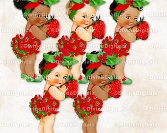 Clipart bébé fille thème fraise rouge vert avec gros noeud