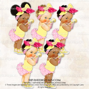 Pink Lemonade Head Bow Sneakers Hot Pink Yellow Glass of Lemonade | Baby Girl 3 Skin Tones Puffs | Clipart Instant Download