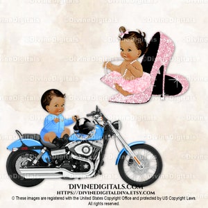 Wheels Heels Bleu Rose Assis Moto Talons Hauts | Ton moyen bébé garçon fille | Sexe révélateur des jumeaux | Clipart à téléchargement immédiat
