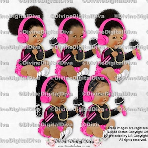 Jaqueta Hip Hop Rosa Choque Preta Fone de Ouvido Chocalho Corrente Dourada | Bebê Menina Sentada Bebês Negros Afro-americanos Étnicos | Download Instantâneo