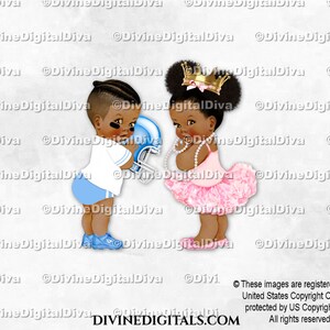 Touchdowns ou Tutus Futebol Bailarina Azul Rosa | Bebê Menino Menina Afro-Americana | Revelação do Sexo dos Gêmeos | Clipart Download Instantâneo