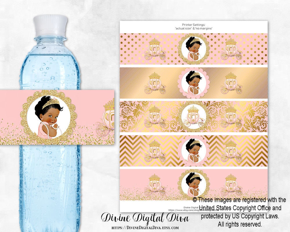 Blush Pink Gold Water Bottle Labels Princess Tiara Carriage Etsy