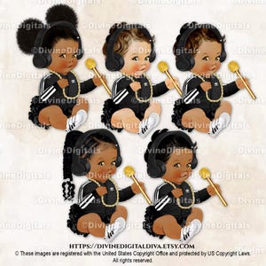 Hip Hop Jaqueta Preta Fone De Ouvido Microfone Dourado Tênis De Corrente | Bebê Menina Sentada 3 Tons De Pele | Imagens Clipart Download Instantâneo