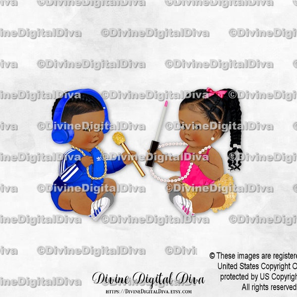 Hip Hop DJ Headset Royal Blue Gold Chain Hot Pink Beats | Baby Boy Girl Dark Tone Braids | Gender Reveal | Clipart Instant Download