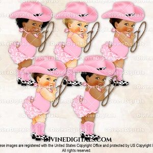 Little Cowgirl Pink & Cow Print Hat Boots Scarf Lasso | Baby Girl 3 Skin Tones | Birthday Baby Shower Gender Reveal Clipart Instant Download