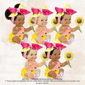 Sunflower Yellow & Pink Big Bow Sneakers | Sitting Baby Girl 3 Skin Tones | Clipart Instant Download