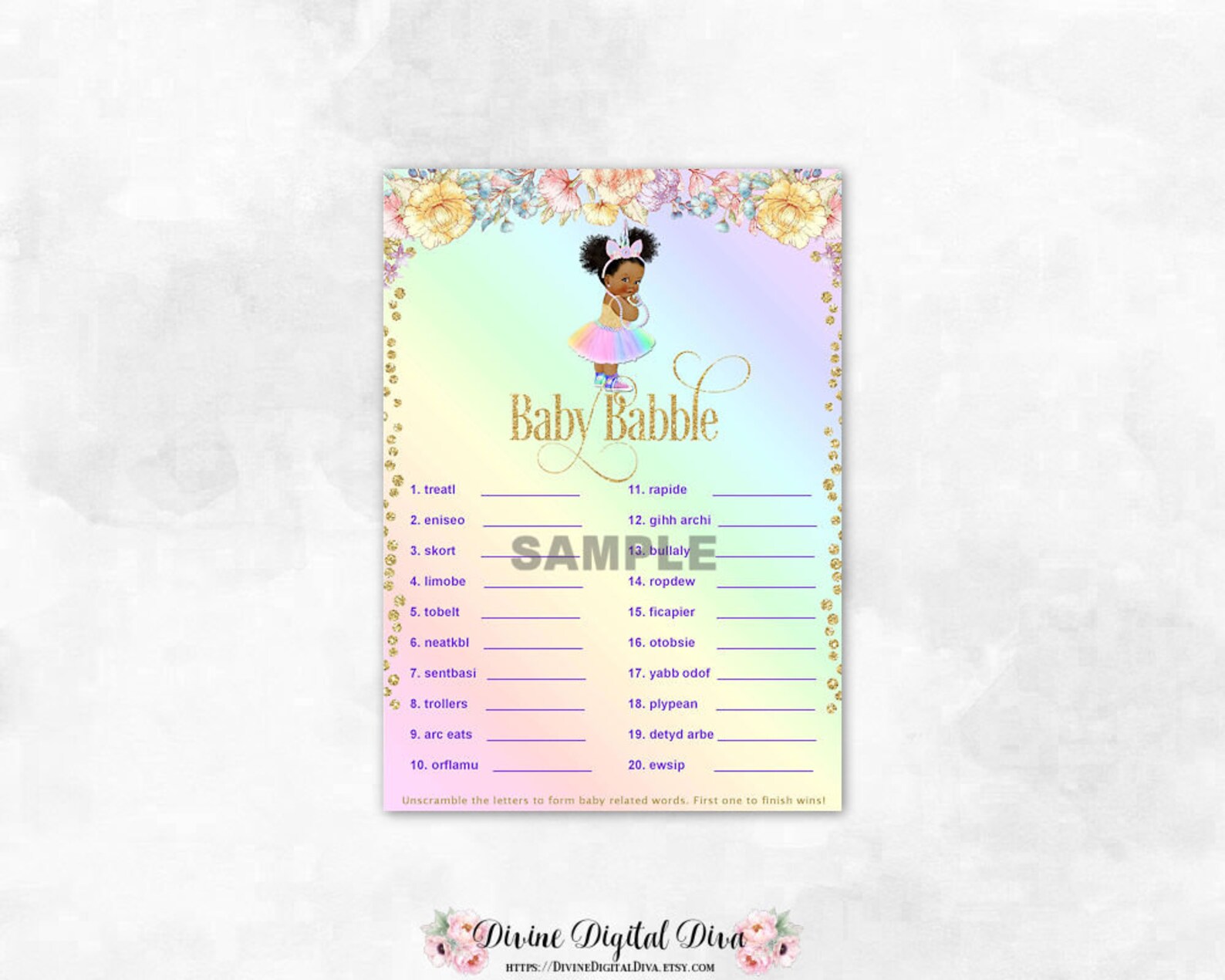 Unicorn Baby Babble Shower Game Rainbow Glitter Baby Girl