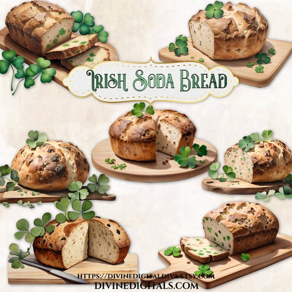 St. Patrick's Day Irish Soda Bread on Wood Cutting Board Shamrocks Ireland Kitchen Deco Wall Art Journal Recipe Clipart Instant Download CU
