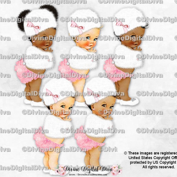 Winter Princess White Fur Cape Hat Slippers Pink & Diamond Accents | Baby Girl 3 Skin Tones | Clipart Download