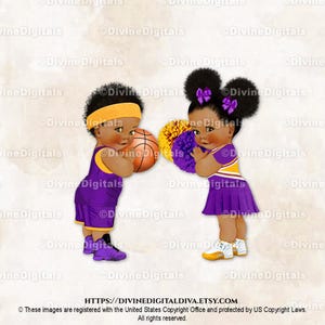 Basketbalcheerleader paars en geelgoud | Babyjongen, meisje, donkere kleur, jongensmeisje | Gender Reveal-tweeling | Clipart direct downloaden