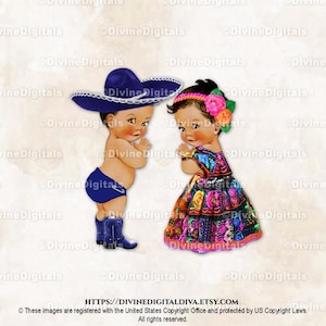 Mexicaanse Sombrero-laarzen Kleine Prins en Prinses Jalasco-jurk Mexico | Middelgrote jongen en meisje | Gender Reveal-tweeling | Clipart direct downloaden