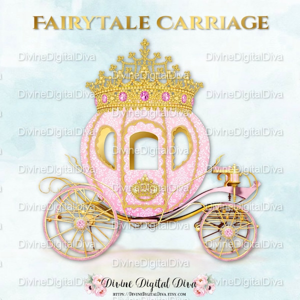 Pink Princess Cinderella Carriage Coach | Pink Gold Diamond Crown Tiara | Clipart Instant Download