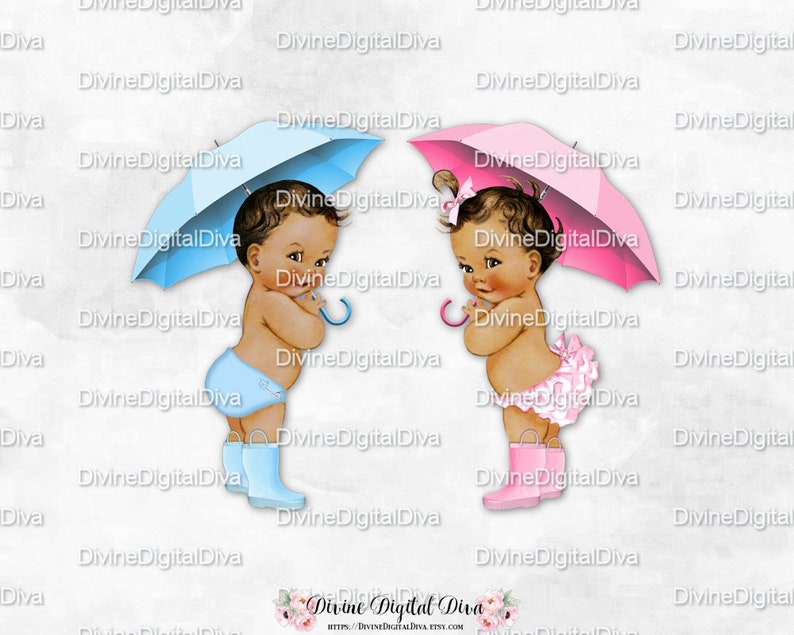 Boy Girl Medium Tone Umbrella Rain Boots Pink Blue Gender Reveal Twins Clipart Instant Download