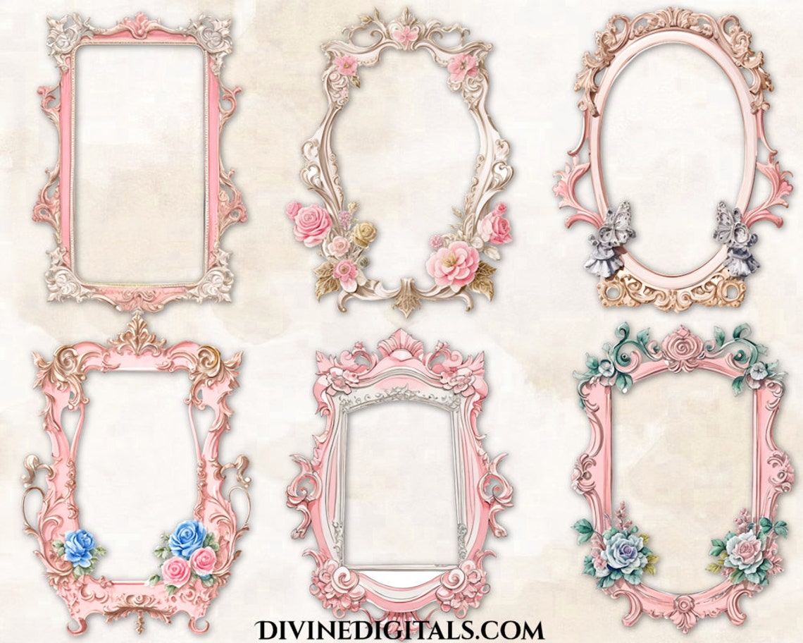 12 Pink Antique Vintage Rococo Digital Frames Florals Scrapbook Journal ...