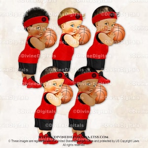 Baskets noires et rouges en jersey de joueur de basket-ball Uniform Shorts | 3 tons chair, bébé garçon | Clipart à téléchargement immédiat