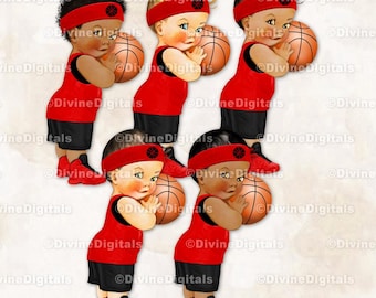 Basketball Player Black & Red Uniform Shorts Jersey Sneakers | Baby Boy 3 Skin Tones  | Clipart Instant Download
