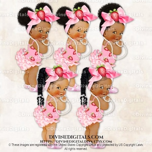 Chaussures roses en strass avec perles et gros nœuds thème fraise | 3 tresses bébé fille colorées | Clipart à téléchargement immédiat