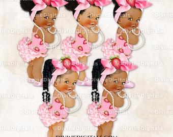 Thème fraise rose gros noeuds perles strass chaussures bébé fille bébés de couleur bouffées tresses Clipart