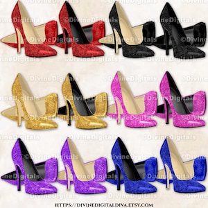 Jewel Tone Glitter High Heel Shoes Gold Royal Blue Red Purple Hot Pink Black Clipart