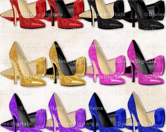Jewel Tone Glitter High Heel Stiletto Shoes | Gold Royal Blue Red Purple Hot Pink Black | Clipart | Instant Download
