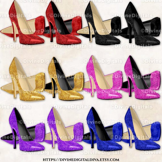 Jewel Tone Glitter High Heel Shoes Gold Royal Blue Red Purple Hot Pink  Black Clipart - Etsy