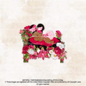 Bebé durmiendo en cama con temática de fresas. Bebé niña con puffs en tonos oscuros. Clipart.