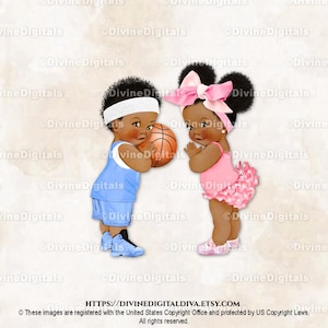 Basketbalblauwe broek met ruches roze grote strik | Donkere soezen jongens/meisjes | Afro-Amerikaans etnisch | Gender Reveal-tweeling | Direct downloaden